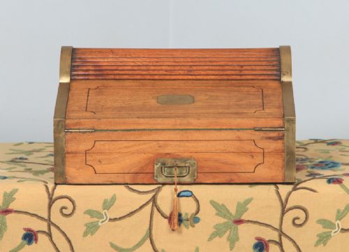 fig 1. Antique Victorian Colonial Camphor Wood & Brass Rolltop Metamorphic Lap Box Writing Desk (Circa 1850)