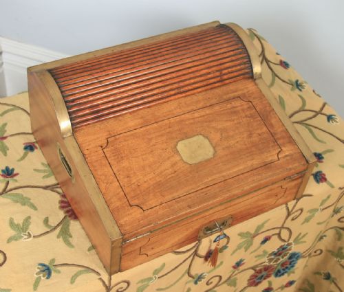 fig 5. Antique Victorian Colonial Camphor Wood & Brass Rolltop Metamorphic Lap Box Writing Desk (Circa 1850)