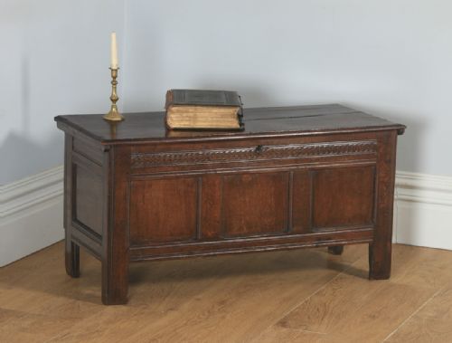 fig 1. Antique English 18th Century Oak Joined & Panelled Coffer Chest Blanket Box (Circa 1730)
