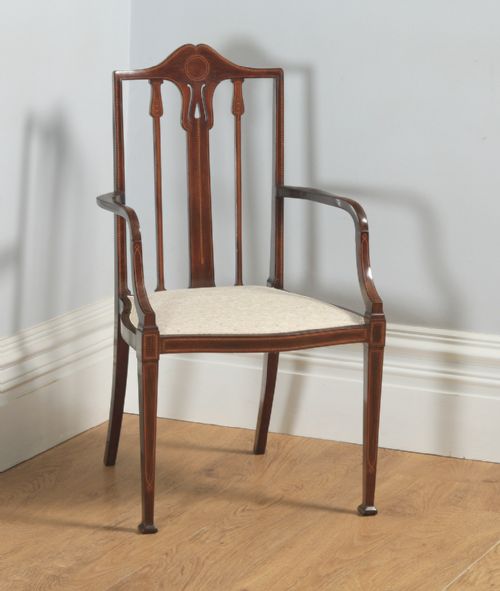 Antique Edwardian Art Nouveau Inlaid Mahogany Open Salon Elbow Carver Armchair (Circa 1910)