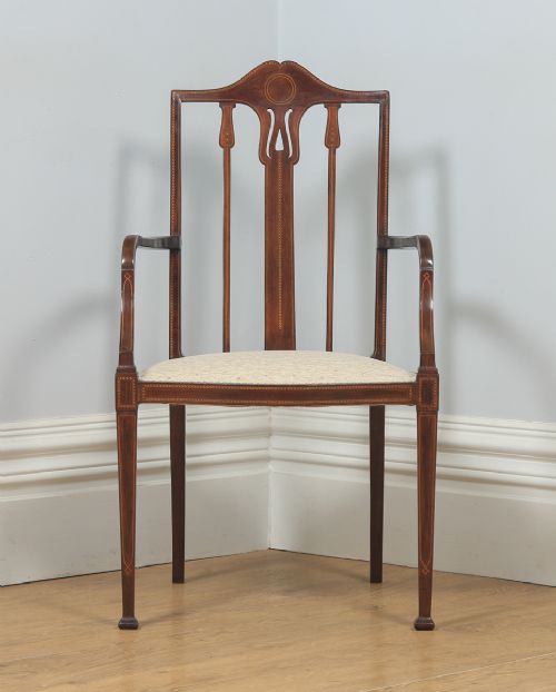 fig 1. Antique Edwardian Art Nouveau Inlaid Mahogany Open Salon Elbow Carver Armchair (Circa 1910)