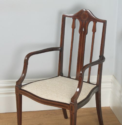 fig 2. Antique Edwardian Art Nouveau Inlaid Mahogany Open Salon Elbow Carver Armchair (Circa 1910)