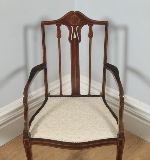 fig 3. Antique Edwardian Art Nouveau Inlaid Mahogany Open Salon Elbow Carver Armchair (Circa 1910)