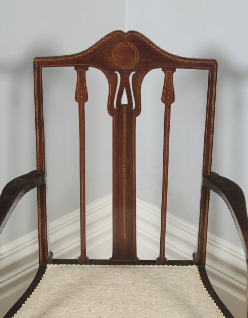 fig 5. Antique Edwardian Art Nouveau Inlaid Mahogany Open Salon Elbow Carver Armchair (Circa 1910)