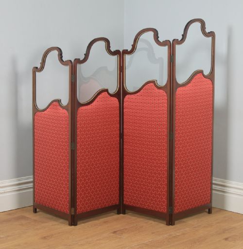 Antique English Edwardian Mahogany Upholstered Four-fold Panel Dressing Screen Divider (Circa 1910)