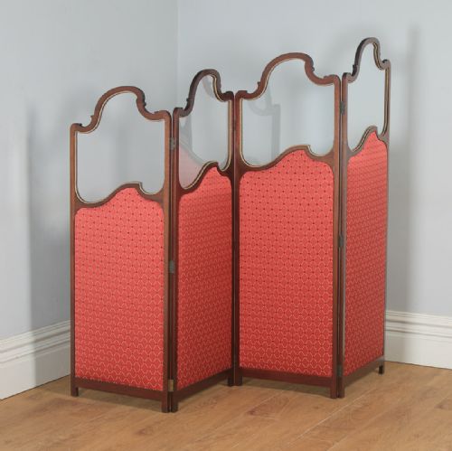 fig 1. Antique English Edwardian Mahogany Upholstered Four-Fold Panel Dressing Screen Divider (Circa 1910)