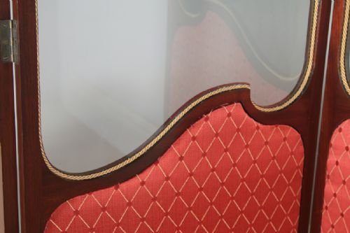 fig 3. Antique English Edwardian Mahogany Upholstered Four-Fold Panel Dressing Screen Divider (Circa 1910)