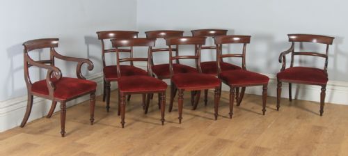 Antique English Set of Eight 8 Georgian Regency 19th Century Mahogany Bar Back Dining Chairs (Circa 1830)
