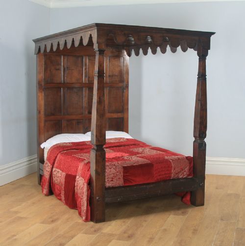 Antique English Charles II Style 5ft King Size Oak Four Poster Bed (Circa 1870)