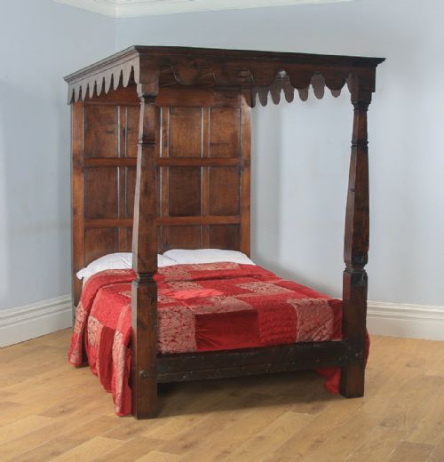 fig 1. Antique English Charles II Style 5ft King Size Oak Four Poster Bed (Circa 1870)