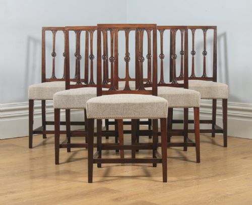 fig 1. Antique English Set of Six Georgian Hepplewhite & Gothic Style Mahogany Dining Chairs (Circa 1900)