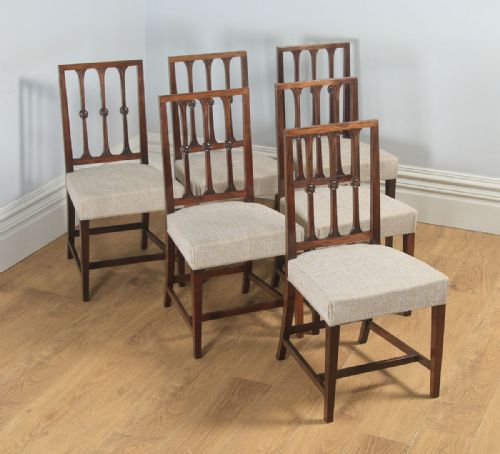 fig 2. Antique English Set of Six Georgian Hepplewhite & Gothic Style Mahogany Dining Chairs (Circa 1900)