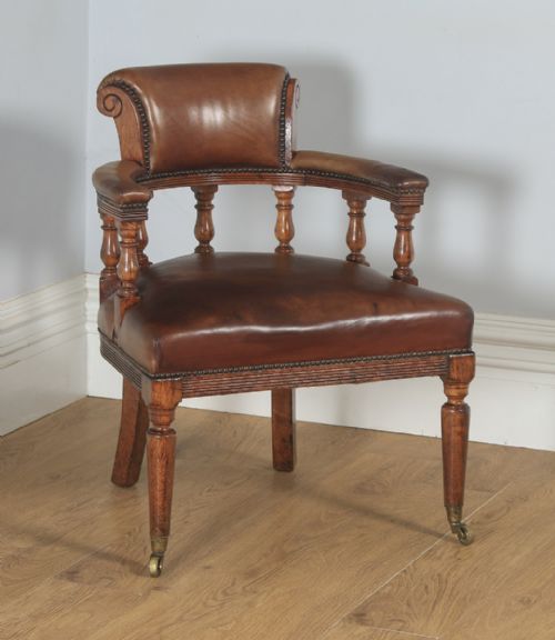 Antique English Victorian Oak & Tan Brown Leather Office / Library Desk Tub Arm Chair (Circa 1890)