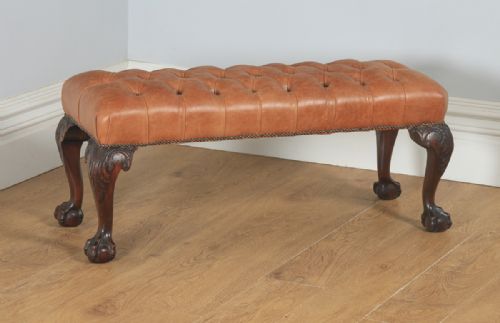 Antique English Georgian Chippendale Style Mahogany & Tan Brown Buttoned Leather Ottoman Duet Stool (Circa 1880)