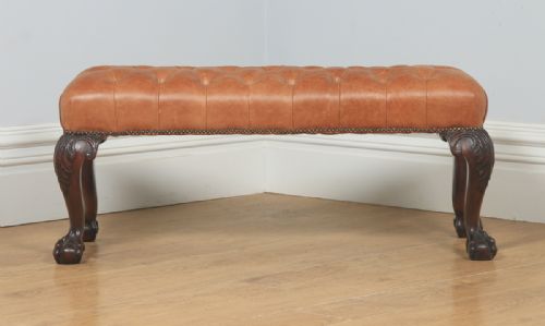 fig 1. Antique English Georgian Chippendale Style Mahogany & Tan Brown Buttoned Leather Ottoman Duet Stool (Circa 1880)