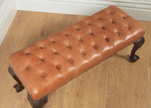 fig 2. Antique English Georgian Chippendale Style Mahogany & Tan Brown Buttoned Leather Ottoman Duet Stool (Circa 1880)