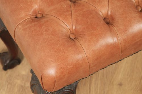 fig 3. Antique English Georgian Chippendale Style Mahogany & Tan Brown Buttoned Leather Ottoman Duet Stool (Circa 1880)