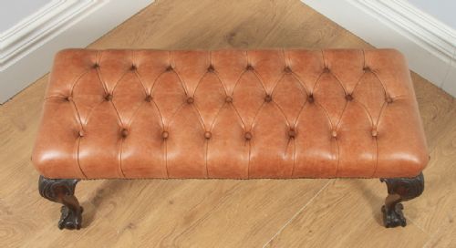fig 4. Antique English Georgian Chippendale Style Mahogany & Tan Brown Buttoned Leather Ottoman Duet Stool (Circa 1880)