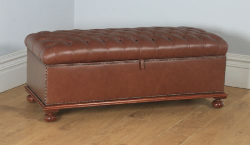 Antique English Victorian Mahogany Upholstered Brown Tan Leather Ottoman Box (Circa 1880)