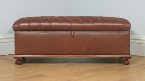 fig 1. Antique English Victorian Mahogany Upholstered Brown Tan Leather Ottoman Box (Circa 1880)