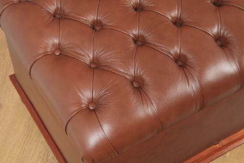 fig 2. Antique English Victorian Mahogany Upholstered Brown Tan Leather Ottoman Box (Circa 1880)
