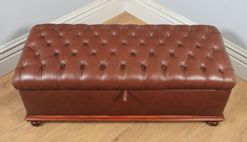 fig 3. Antique English Victorian Mahogany Upholstered Brown Tan Leather Ottoman Box (Circa 1880)
