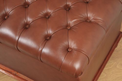 fig 4. Antique English Victorian Mahogany Upholstered Brown Tan Leather Ottoman Box (Circa 1880)