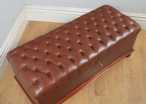 fig 5. Antique English Victorian Mahogany Upholstered Brown Tan Leather Ottoman Box (Circa 1880)
