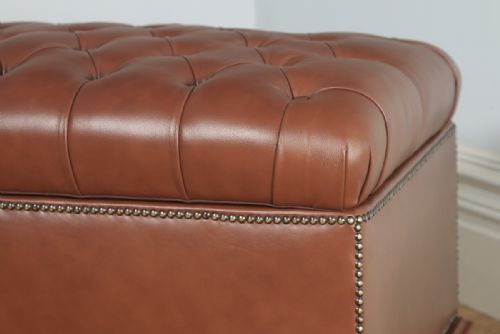 fig 6. Antique English Victorian Mahogany Upholstered Brown Tan Leather Ottoman Box (Circa 1880)