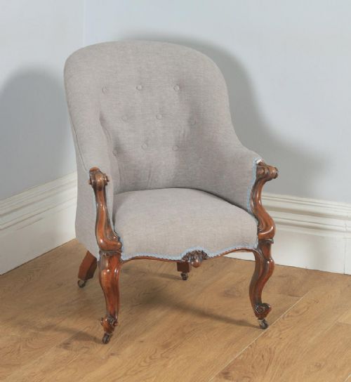 Antique English Victorian Mahogany Grey Taupe Upholstered Tub Armchair (Circa 1850)