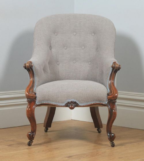 fig 1. Antique English Victorian Mahogany Grey Taupe Upholstered Tub Armchair (Circa 1850)