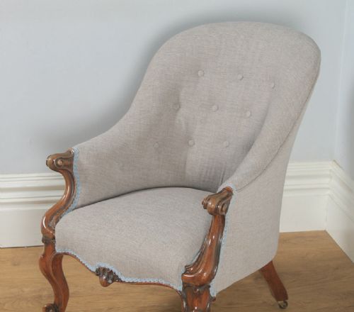fig 2. Antique English Victorian Mahogany Grey Taupe Upholstered Tub Armchair (Circa 1850)