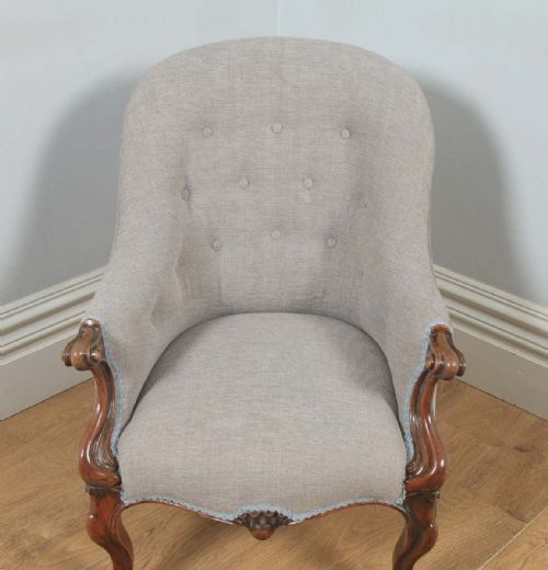 fig 3. Antique English Victorian Mahogany Grey Taupe Upholstered Tub Armchair (Circa 1850)