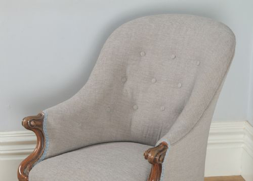 fig 4. Antique English Victorian Mahogany Grey Taupe Upholstered Tub Armchair (Circa 1850)