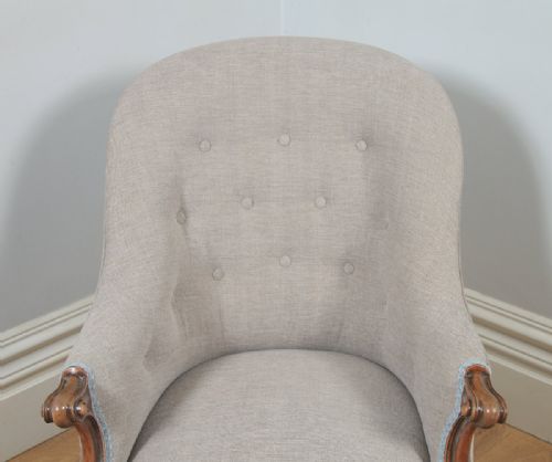 fig 5. Antique English Victorian Mahogany Grey Taupe Upholstered Tub Armchair (Circa 1850)