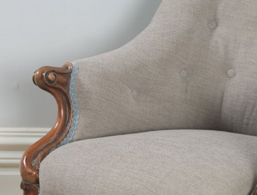 fig 6. Antique English Victorian Mahogany Grey Taupe Upholstered Tub Armchair (Circa 1850)