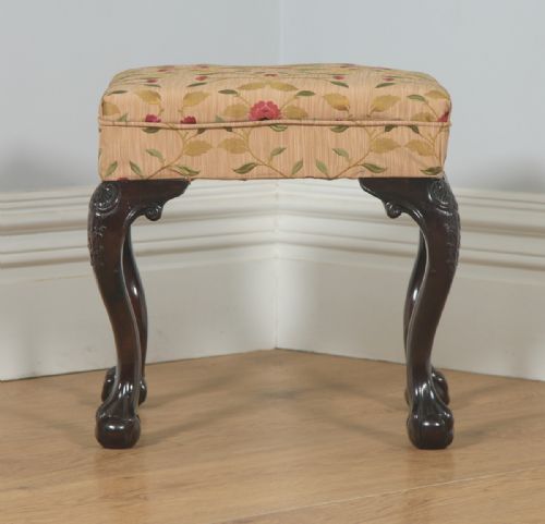 fig 1. Antique English Georgian Chippendale Style Mahogany Upholstered Stool (Circa 1880)