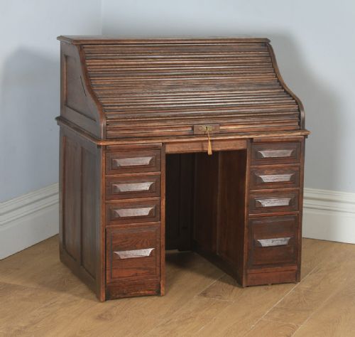 fig 3. Antique English George V 3ft 6” Oak Roll Top Pedestal Office Desk (Circa 1920)