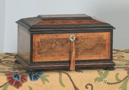Antique German Marquetry Inlaid Burr Walnut, Ebony & Satinwood Jewellery / Sewing Box (Circa 1860)