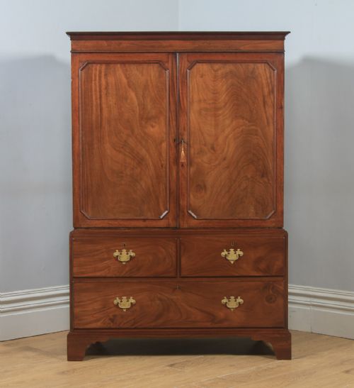 fig 1. Antique English Georgian Figured Mahogany Linen Press Wardrobe (Circa 1790)