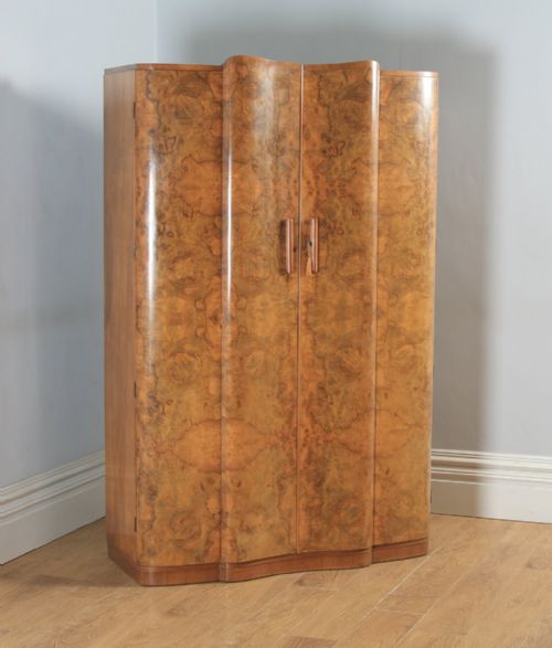 Antique English Art Deco Burr Walnut Two Door Serpentine Wardrobe (Circa 1930)