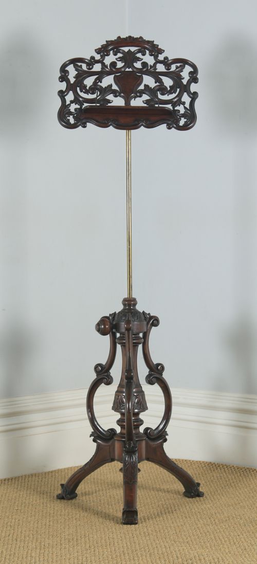 fig 1. Antique English Victorian Rococo Mahogany & Brass Adjustable Music & Book Stand (Circa 1860)