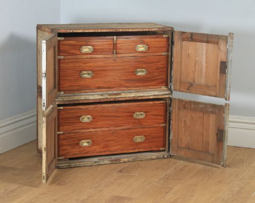 Antique English Victorian Colonial Mahogany & Brass Military Campaign Chest of Drawers with Original Transportation Case (Circa 1850)