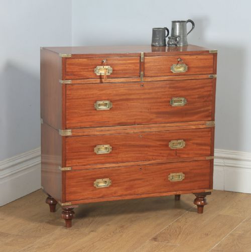 fig 1. Antique English Victorian Colonial Mahogany & Brass Military Campaign Chest of Drawers with Original Transportation Case (Circa 1850)