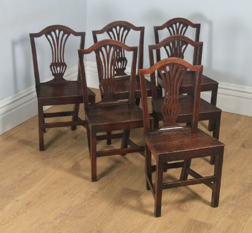 fig 1. Antique English Set of Six Georgian Hepplewhite Solid Oak Country Dining Chairs (Circa 1800)