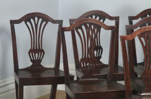 fig 2. Antique English Set of Six Georgian Hepplewhite Solid Oak Country Dining Chairs (Circa 1800)