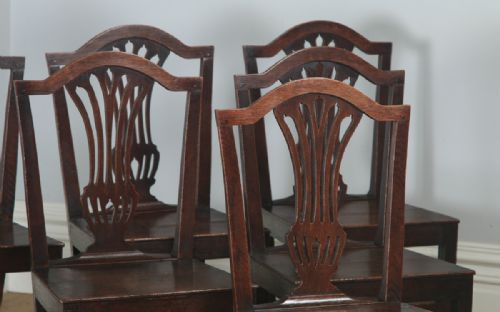 fig 3. Antique English Set of Six Georgian Hepplewhite Solid Oak Country Dining Chairs (Circa 1800)