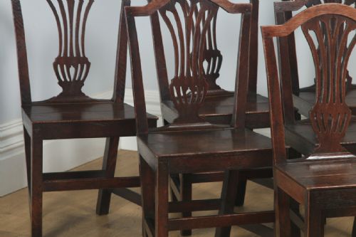 fig 4. Antique English Set of Six Georgian Hepplewhite Solid Oak Country Dining Chairs (Circa 1800)