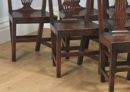 fig 6. Antique English Set of Six Georgian Hepplewhite Solid Oak Country Dining Chairs (Circa 1800)