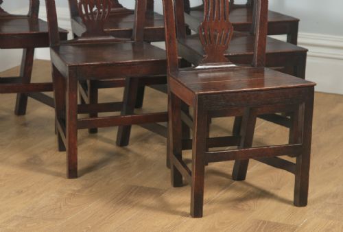 fig 7. Antique English Set of Six Georgian Hepplewhite Solid Oak Country Dining Chairs (Circa 1800)